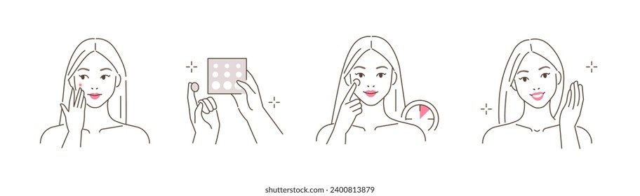 Skincare line icons set. Woman with problem skin applying pimple patch on her face. Acne treatment. Vector illustration isolated on white background. 