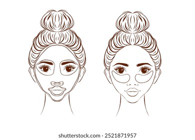 Conjunto de ícones de linha de cuidados com a pele. Mulher com pele problemática aplicando mancha em seu rosto. Tratamento com acne. Ilustração vetorial isolada sobre fundo branco.
