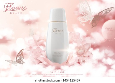 Skincare lotion bottle ads with paper flowers and cloud effect in 3d illustration