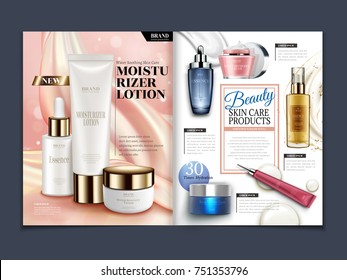Skincare magazine template, moisturizing set isolated on soft satin background in 3d illustration Skincare magazine template, moisturizing set isolated on soft satin background in 3d illustration