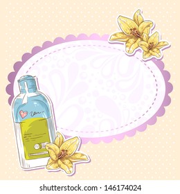 Skincare make-up card on polka dot floral background 