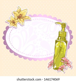 Skincare make-up card on polka dot floral background 