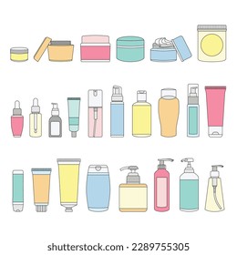 Skincare makeup packaging flat vector illustration set collection - variety of bottles and liquid storage container, lotion, soap, shampoo, cream, serum, spray perfume, scrub, body wash, etc.