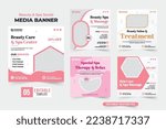 Skincare and massage parlor advertisement web banner collection with pink and dark colors. Spa therapy business promotion poster bundle for marketing. Beauty care social media post set vector.