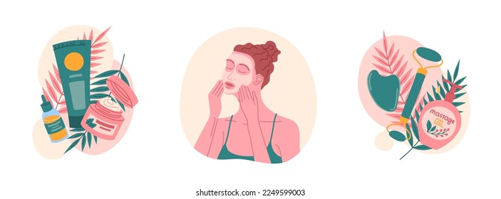 Skincare morning routine illustration set. Young woman in facemask massaging her face with fingertips. Vector skincare tubes and serum composition with palm leaves. Face massage tools and massage oil