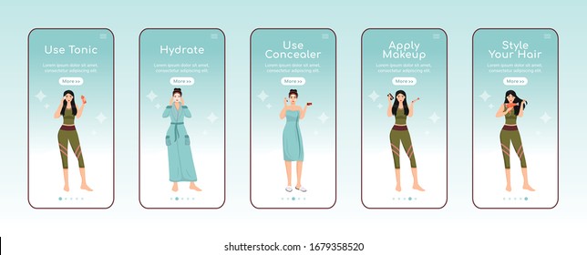 Skincare nourishing steps onboarding mobile app screen flat vector template. Toner using. Walkthrough website steps with characters. UX, UI, GUI smartphone cartoon interface, case prints set