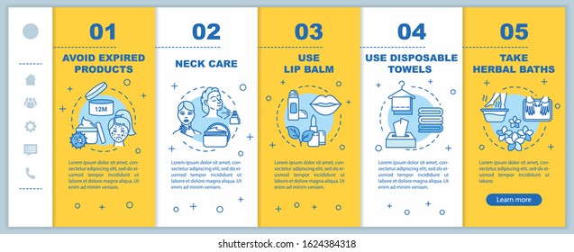 Skincare onboarding vector template. Avoid expired products. Neck, lip care. Disposable towels, herbal baths. Responsive mobile website with icons. Webpage walkthrough step screens. RGB color concept