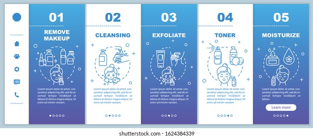Skincare onboarding vector template. Remove makeup. Cleansing, exfoliating. Toner and moisturizer. Responsive mobile website with icons. Webpage walkthrough step screens. RGB color concept