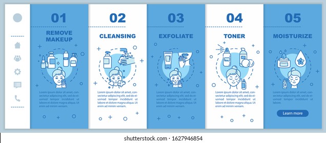 Skincare onboarding vector template. Remove makeup. Cleansing, exfoliating. Toner and moisturizer. Responsive mobile website with icons. Webpage walkthrough step screens. RGB color concept