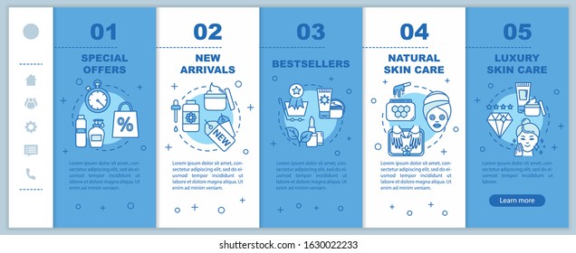 Skincare onboarding vector template. Special offers. New arrivals. Bestsellers. Marketing and trading. Responsive mobile website with icons. Webpage walkthrough step screens. RGB color concept