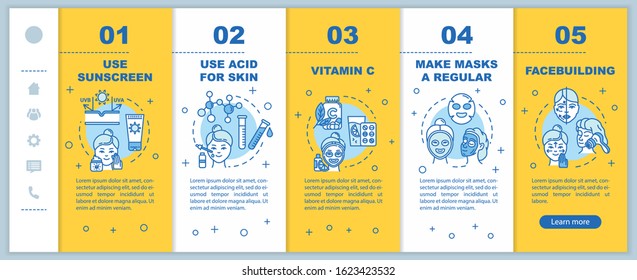 Skincare onboarding vector template. Use sunscreen. Acid for skin and vitamin C. Regular masks, facebuilding. Responsive mobile website with icons. Webpage walkthrough step screens. RGB color concept