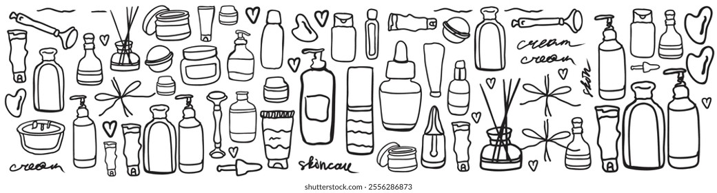 Skincare organic cosmetics bottle, eco cleanser, lotion facial gel, soap for face, oil scrub cream vector illustration, cream, serum. Body care. Hand drawn vector set. Organic cosmetics.	