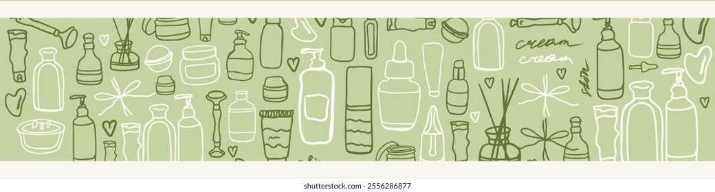 Skincare organic cosmetics bottle, eco cleanser, lotion facial gel, soap for face, oil scrub cream vector illustration, cream, serum. Body care. Hand drawn vector set. Organic cosmetics.	