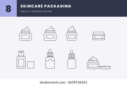 Skincare Packaging Icons - Editable Line Art Vector | Cream Jar, Pump Bottle, and Dropper Bottle Cosmetic Packaging | Clean Outline Icons for Moisturizer, Serum, and Face Cream Products