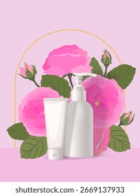 Plantilla de embalaje de cuidado de la piel con rosas en el fondo. Tubos blancos con flores.