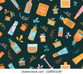 Skincare pattern for mystery annual box. Collection of skin care products for packaging.