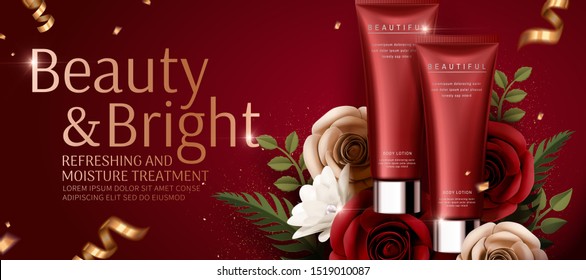 Skincare plastic tube ads with paper roses on red background in 3d illustration