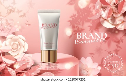 Skincare plastic tube ads with paper art flowers on round podium stage in 3d illustration