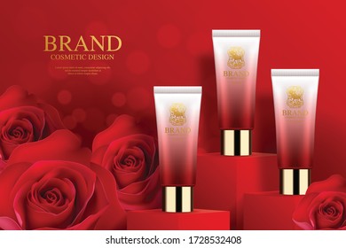 Skincare plastic tube ads with paper roses on red background in 3d illustration with craft style on background.