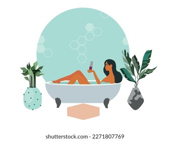 Skincare, pleasure, relaxation at home concept. Young pretty Woman cartoon character taking bath with bubble and drinking cocktail for hygiene and beauty feeling positive vector illustration
