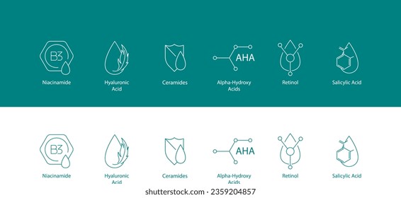 Skincare Power Ingredients Icons Niacinamide, Hyaluronic Acid, Ceramides, AHA, BHA, Retinol, Salicylic Acid - Comprehensive Vector Set for Beauty and Wellness