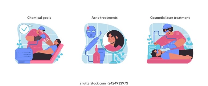 Skincare procedures set. Featuring chemical peels, targeted acne treatments, and advanced cosmetic laser techniques. Flat vector illustration.