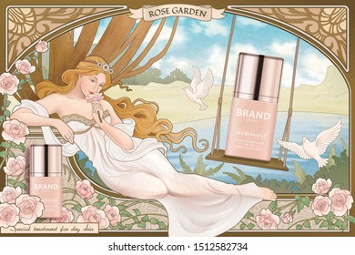 Skincare product ads with art nouveau style goddess lying nearby roses garden and lake, 3d illustration mockup