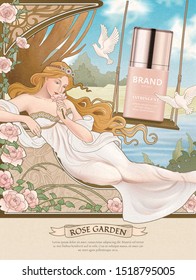 Skincare product ads with art nouveau style goddess lying nearby roses garden and lake, 3d illustration mockup