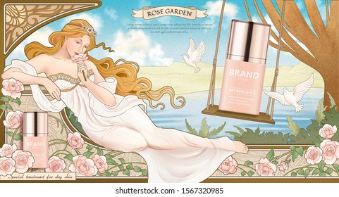 Skincare product ads with art nouveau style goddess lying nearby roses garden and lake, 3d illustration mockup