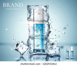 Skincare product ads with product be frozen in the ice in 3d illustration