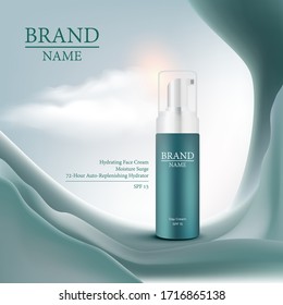 Skincare product ads with product be frozen in the ice in 3d illustration. Advertising poster for cosmetic product for catalog, magazine. Vector design of cosmetic package. Moisturizing cream, gel