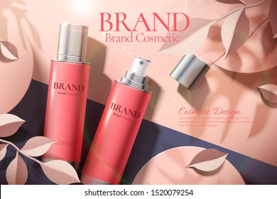 Skincare product ads with lying spray bottle and paper art leaves in 3d illustration