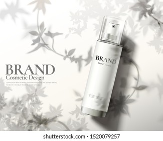 Skincare product ads with lying spray bottle and nature leaves shadows on white floor in 3d illustration