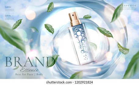 Skincare product ads with spray bottle and flying green leaves on bokeh glittering background, 3d illustration