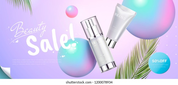 Skincare product banner ads with holographic spheres elements in 3d illustration