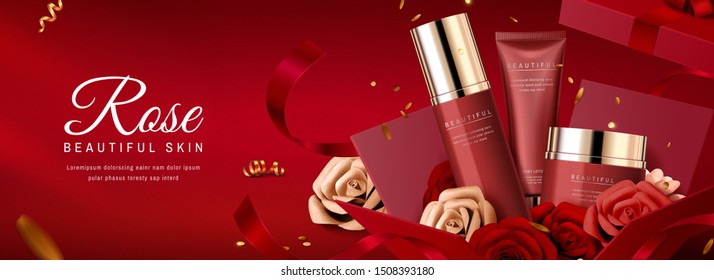 Skincare product banner ads with paper roses decoration in red gift box, 3d illustration