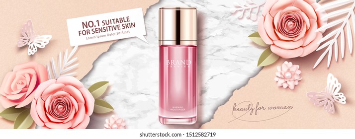 Skincare product banner ads with paper roses decoration on marble table in 3d illustration, top view