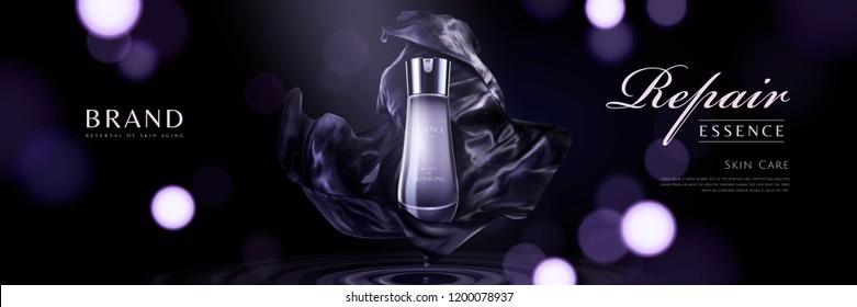 Skincare product banner ads with purple chiffon elements on bokeh glittering background in 3d illustration