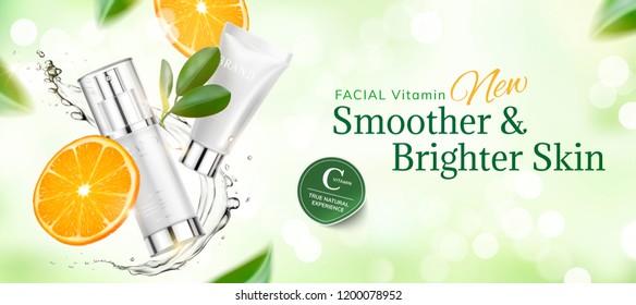 Skincare product banner ads with sliced orange and swirling liquid on green glittering bokhe background in 3d illustration