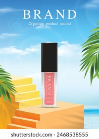 A skincare product is beautifully displayed against a backdrop featuring a tropical beach. The product is placed on a series of yellow steps with lush green palm leaves framing the setting