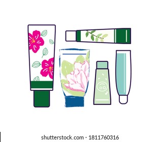 Skincare product collection, flat illustration in vector art. Set of beauty or health tubes in graphic design.