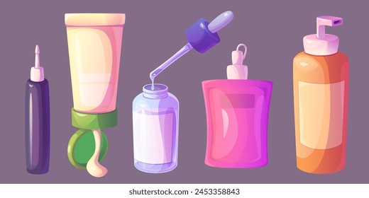 Skincare product and face lotion bottle cartoon. Facial skin care and beauty cosmetic jar with body cream icon set. Hair shampoo container pack. Isolated spa and hygiene gel packaging collection