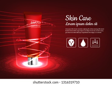 Skincare product on light floor with red curving lights