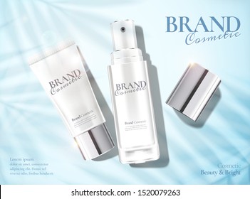 Skincare product set ads with summer palm leaves shadows in 3d illustration, flat lay angle