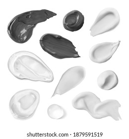 Skincare product smudges swatch set realistic vector illustration isolated on white background. Beauty creamy textures. Facial cream, serum, essence, black clay mask, clear transparent shampoo samples