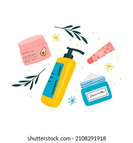 Skincare products in bottles, jars, tubes illustration. Moisturizer, lotion, eye cream, toner, lip balm.	
