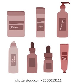 Skincare products, bottles, jars, and tubes, moisturizer, serum, removing make up, various beauty projects, with organic cosmetics vector flat illustration, modern clip arts