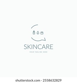 Skincare products with chat bubble, facial treatment consult logo vector icon illustration. Aesthetic skincare logo design concept