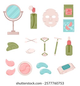 Skincare products collection , including bottles, creams, masks and mirror. Vector Flat illustration