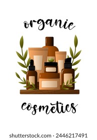 Composición de productos para el cuidado de la piel con letras. Ilustración vectorial plana Diseño gráfico de dibujos animados. Concepto de cosméticos orgánicos.